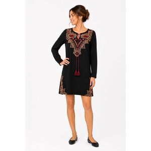 THML BOHEMIAN Tunic Black Embroidered Mini Shift Dress Sz XS